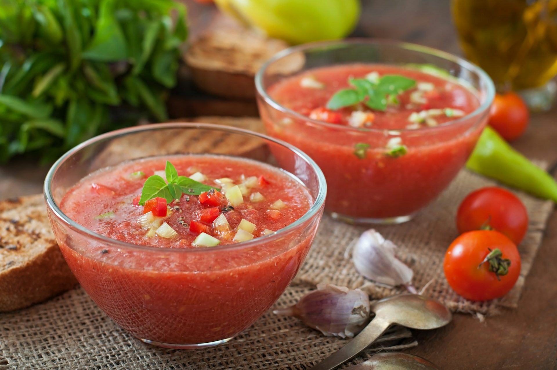 Tomato gazpacho soup with pepper and garlic